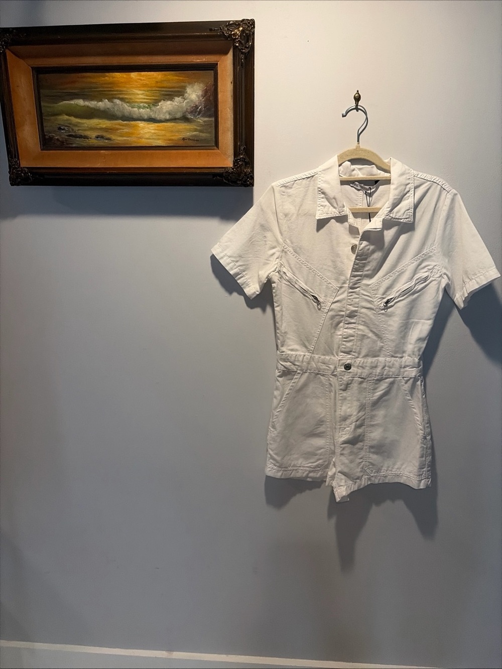 Zara White Short Romper Short Sleeve Utility Collared Nwt Cowgirl Festival